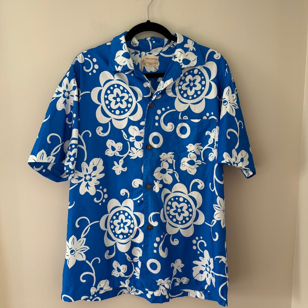 Vintage Royal Hawaiian Blue White Floral Aloha Shirt Coin Buttons Mens XL